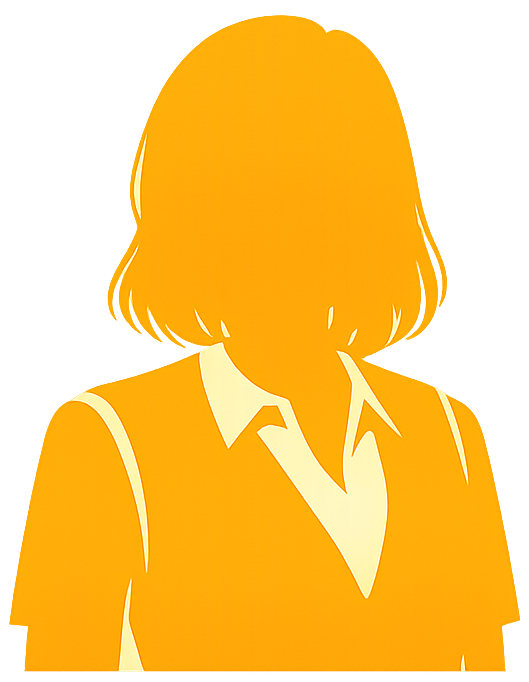 A yellow silhouette of a person with shoulder-length hair wearing a collared shirt.