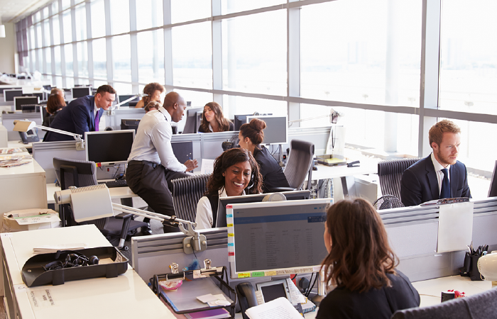 A bright, modern open-plan office with employees working at desks by large windows.