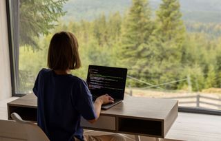 A person seen from behind sitting at a desk and typing on a laptop, with a scenic view of a forest through a window.