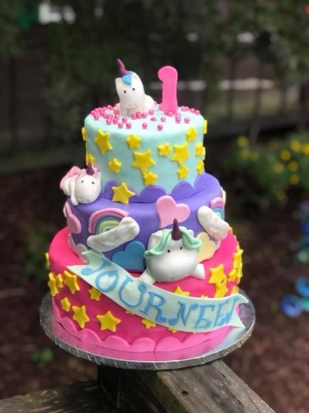 Colorful unicorn birthday cake with pink, purple, and blue layers and a “JOURNEY” banner