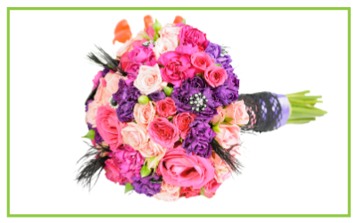 Bright bouquet of pink, purple, and peach flowers with black feathers and wrapped stems