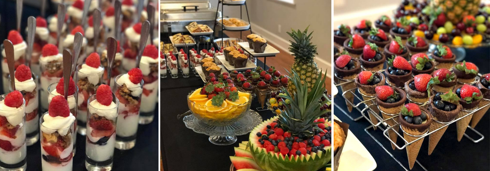 Elegant dessert displays with strawberries, whipped cream cups, and fruit-topped platters on stands