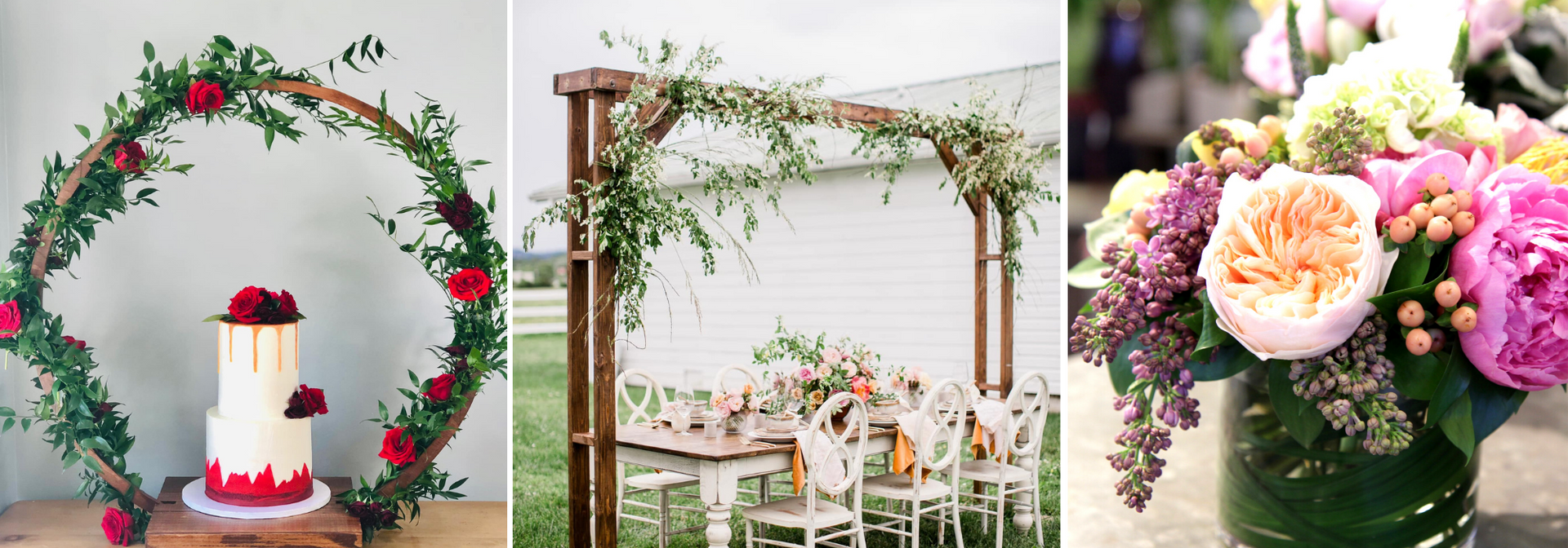 Three floral wedding decor setups: a wreath arch, a vine-draped canopy, and pastel flower arrangements