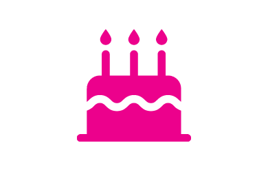 Pink birthday cake icon with three candles and white icing stripe