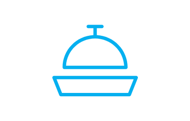 Blue serving cloche icon with a domed lid and tray outline