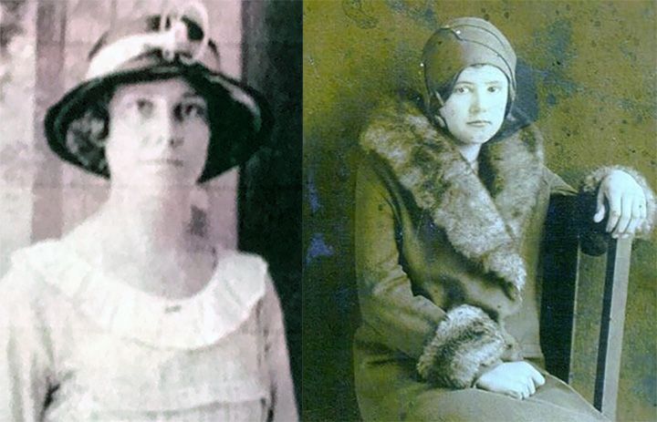 Two vintage portraits: a woman in a hat and a woman seated in a fur-collared coat.