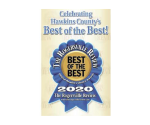Blue award ribbon for “Best of the Best” in Hawkins County, 2020, The Rogersville Review.