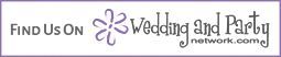 “Find Us On” banner for WeddingAndPartyNetwork.com with a purple flower logo