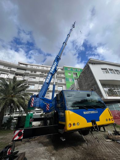 Autogru blu e gialla con braccio estensibile su una strada cittadina, accanto a edifici e palme.