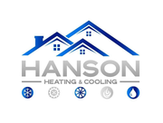 Hanson Heating & Cooling logo with blue house roof icons and gray text