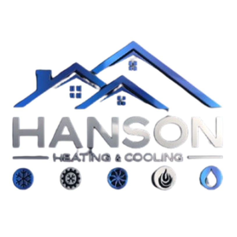 Hanson Heating & Cooling logo with blue roofline houses and HVAC icons