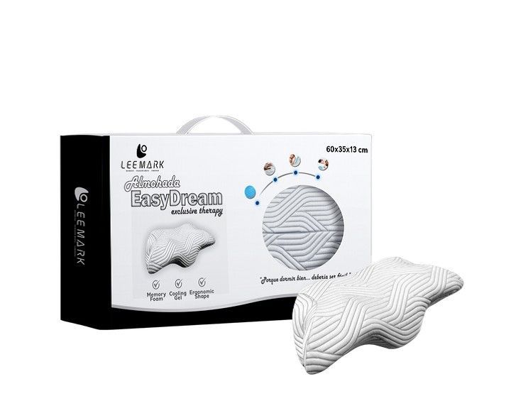 Almohada corporal ergonómica blanca a rayas junto a su caja de producto en blanco y negro.