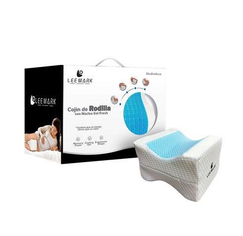 Almohada para rodillas con espuma viscoelástica azul en una caja blanca, etiquetada como “Cojín de Rodilla”.