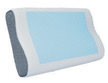 Almohada de espuma viscoelástica blanca y azul claro con panel lateral gris, mostrada sobre un fondo blanco.