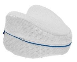 Almohada ortopédica de espuma blanca para el cuello con ribete azul sobre fondo blanco.