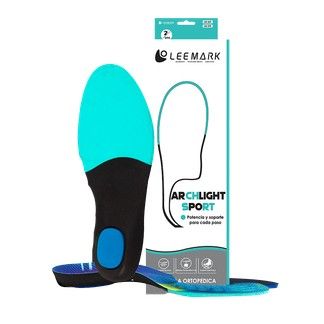 Plantillas deportivas LEEMARK de color turquesa y negro con soporte para el arco del pie, con su embalaje original.