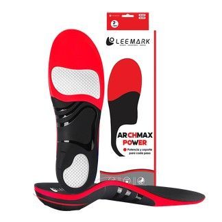 Plantillas ortopédicas rojas y negras para zapatos, con envase etiquetado como “Leemark ArchMax Power”.