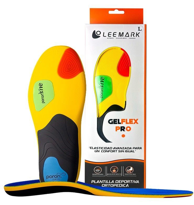 Plantillas de gel amarillas para zapatos con detalles en rojo, verde y negro, mostradas junto al empaque de la marca.