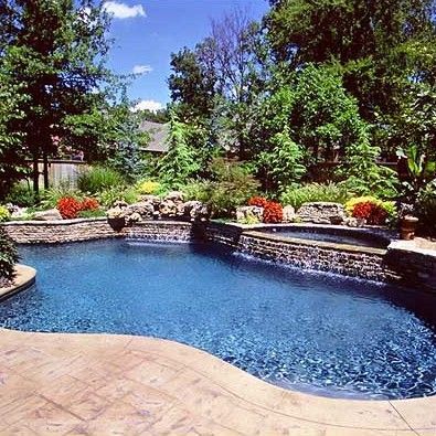 Backyard pool with curved stone edge, blue water, and lush green landscaping under bright sun
