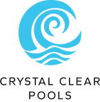 Blue spiral wave logo with the text &ldquo;CRYSTAL CLEAR POOLS&rdquo; below.