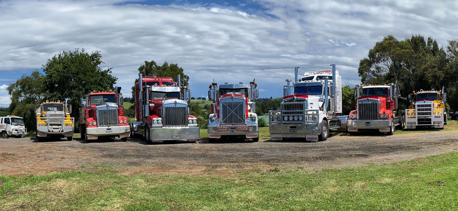 Row of Colourful Semi Trucks Parked on Grass — A & S Cuthel Earthmoving & Transport in Coffs Harbour, NSW