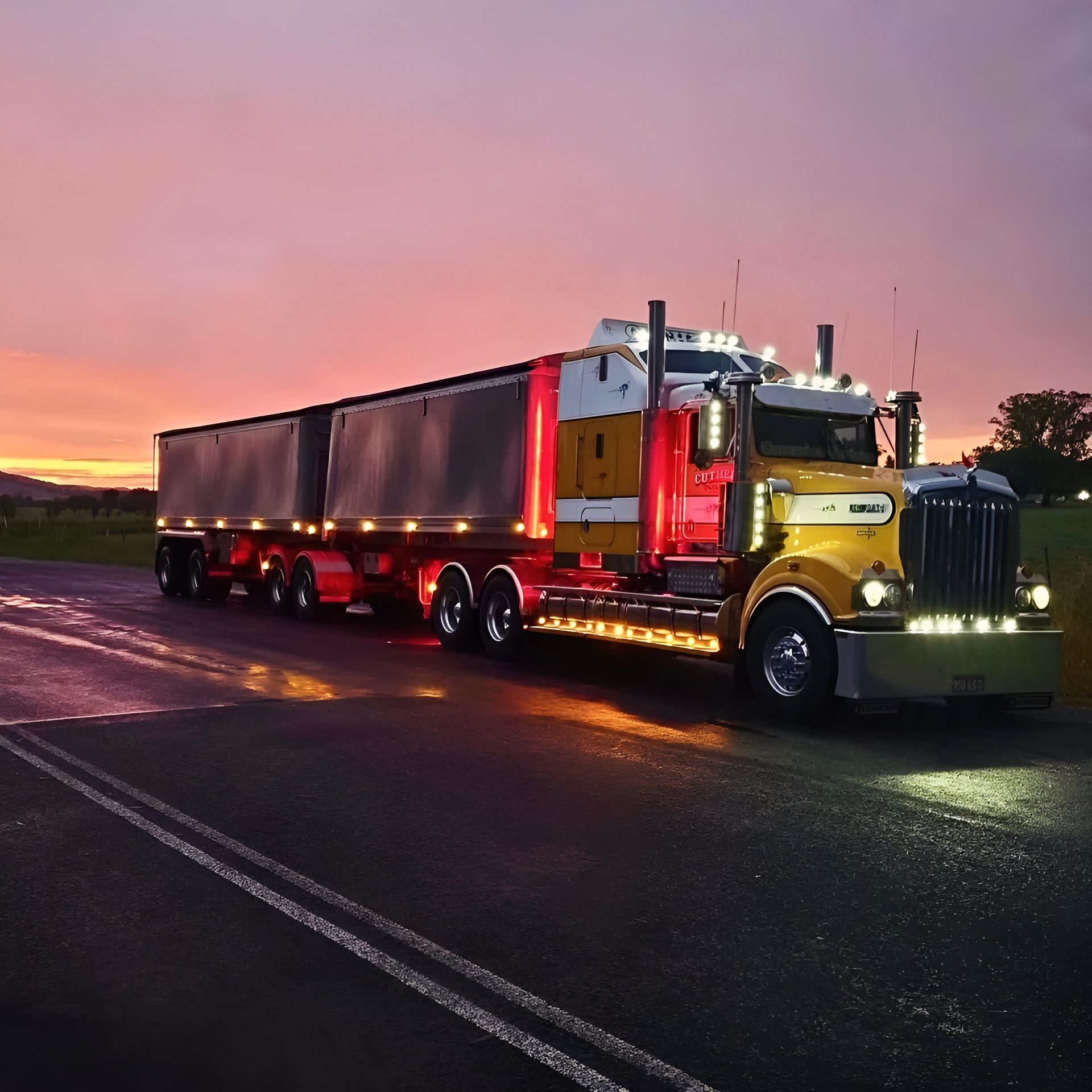 Yellow Semi Truck Hauling Trailers on A Wet Road at Dusk — A & S Cuthel Earthmoving & Transport in Grafton, NSW