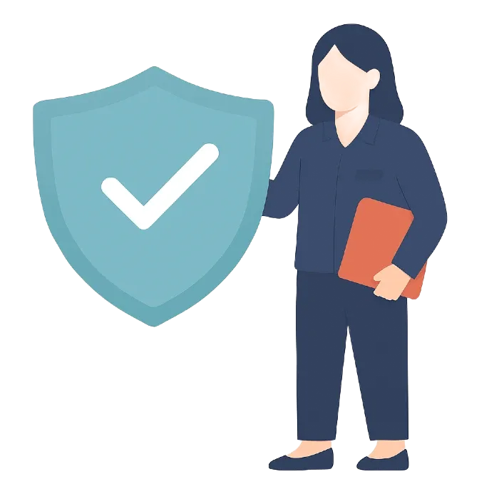 Woman holding a shield with a checkmark, representing security, holding a file.