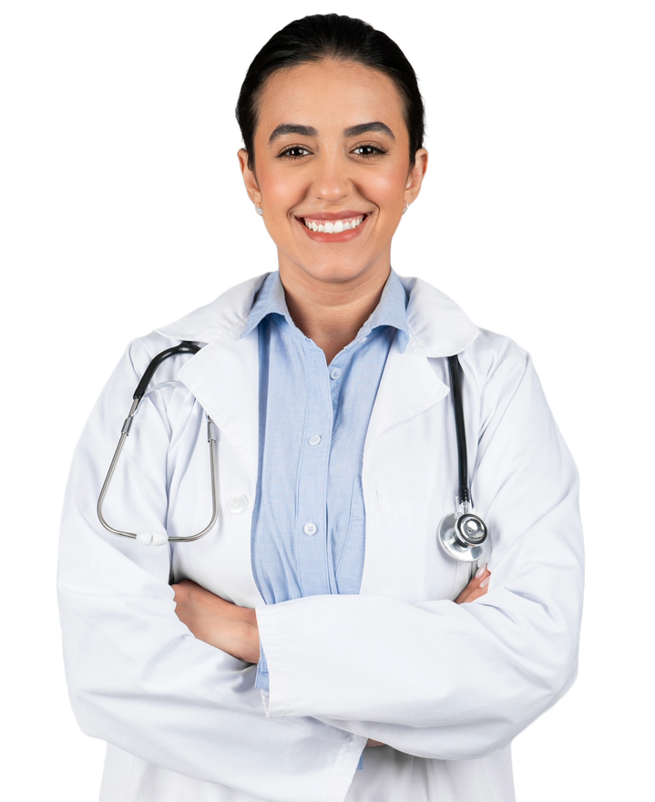 A Female Doctor with A Stethoscope Around Her Neck Is Smiling with Her Arms Crossed.