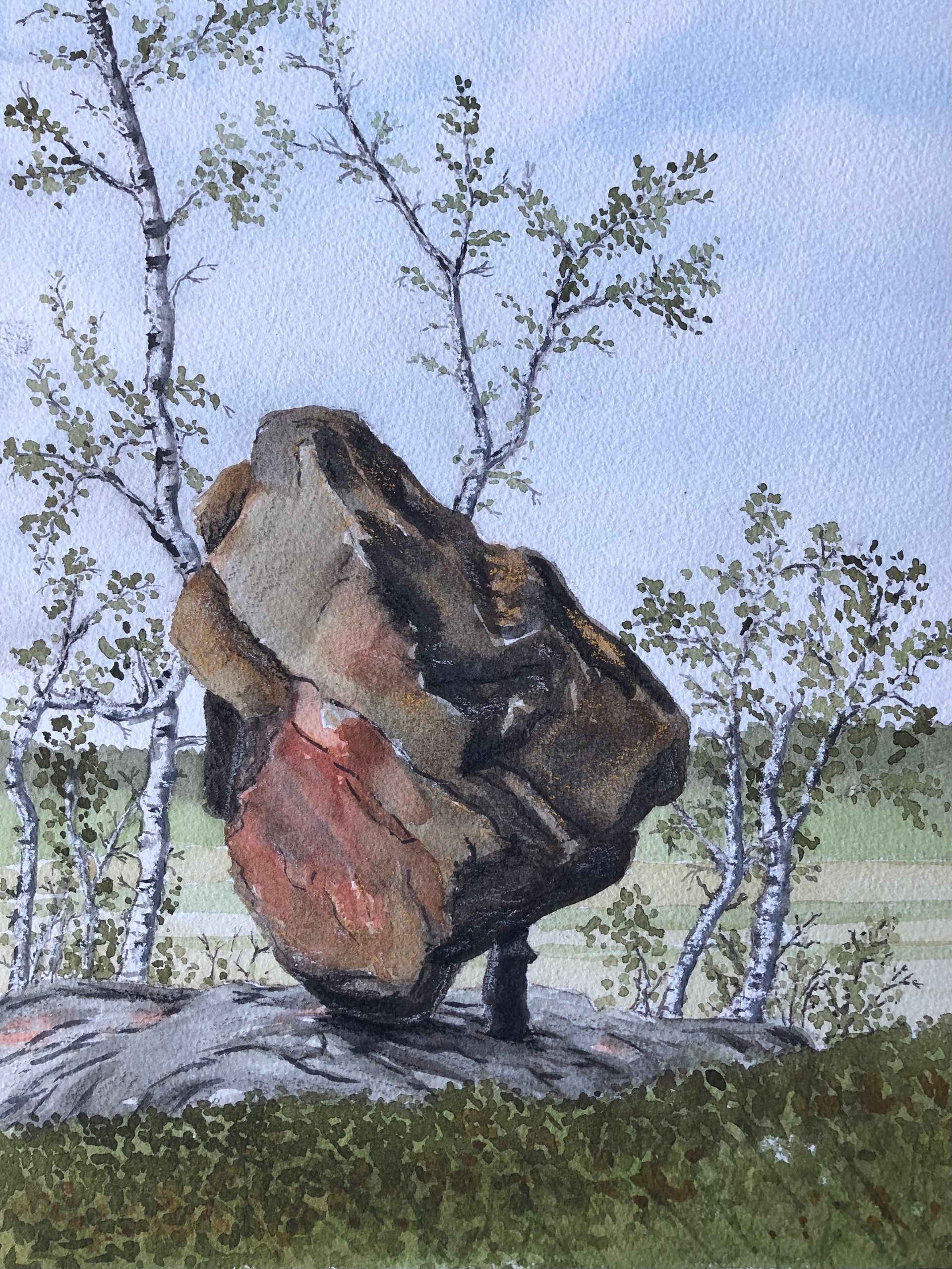 En akvarell från Lappland av en sten som blivit kvar unikt efter istiden