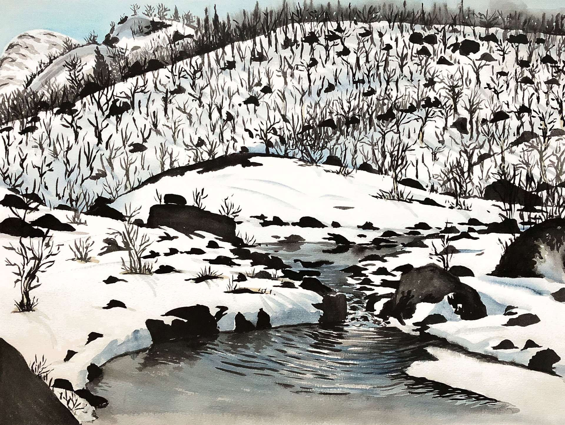 En akvarell av en fjällbäck som rinner genom ett snöigt landskap