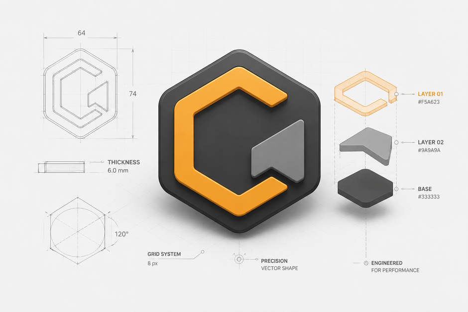 3D zwart zeshoekig logo met oranje C en kleine, van labels voorziene ontwerpvarianten op een witte achtergrond