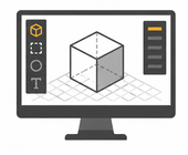 3D-kubusontwerp op een computermonitor met tekenhulpmiddelen in de zijbalk.