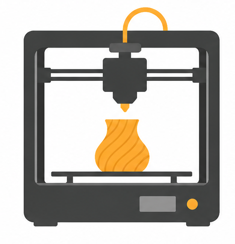 Een 3D-printer print een oranje vaasachtig object in een zwart frame.