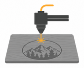 Lasergraveermachine graveert een berglandschap op een grijze plaat.