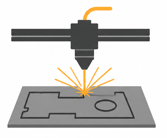 Een 3D-printer lasersnijdt een plaat met oranje vonken.