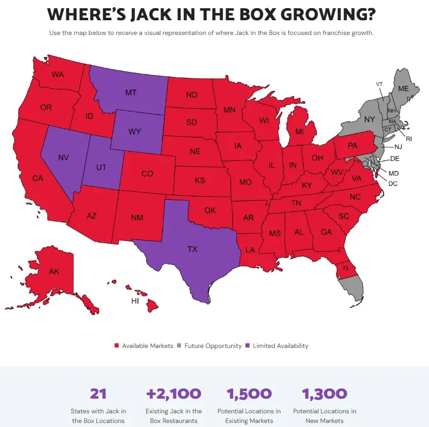 A map of the united states showing where jack in the box is growing