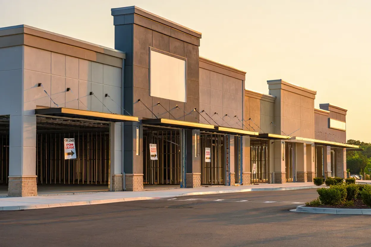 A new, empty strip mall complex with neutral-toned storefronts under a soft, golden sunset light.