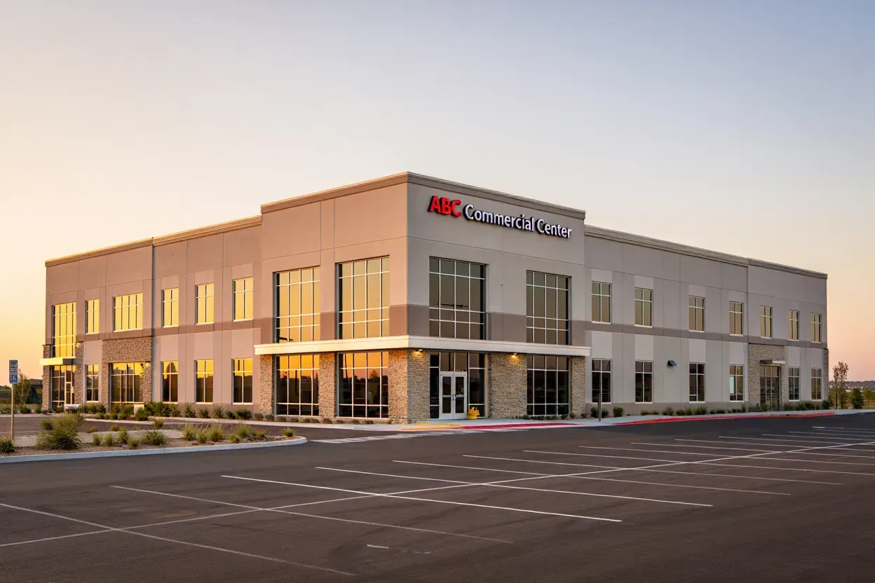 A modern two-story commercial office building with a stone-accented entrance at dusk, seen from a paved parking lot.