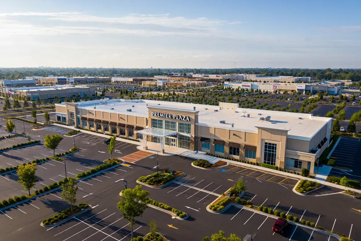 An elevated outdoor view of a modern shopping mall promenade with manicured greenery, palm trees, and pedestrians.