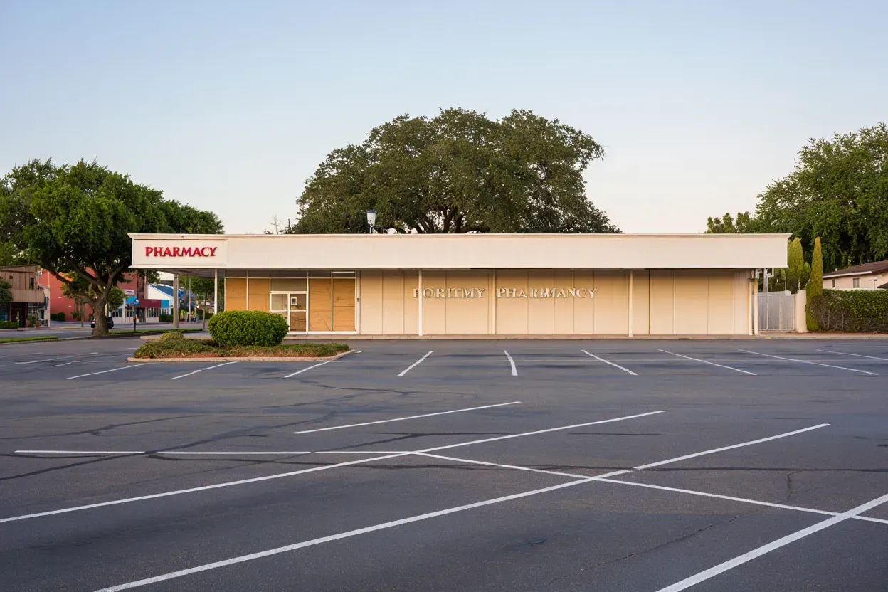 A flat, single-story retail building with a