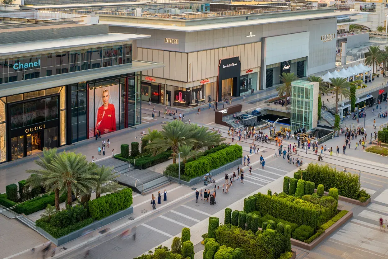 An elevated outdoor view of a modern shopping mall promenade with manicured greenery, palm trees, and pedestrians.