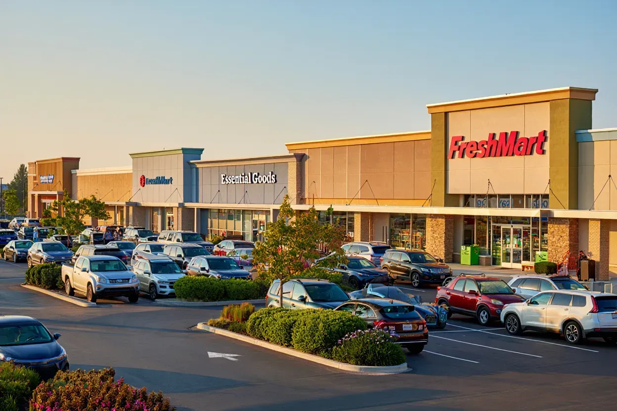A strip mall with a FreshMart grocery store, cars parked in front, and shrubs on a sunny day.