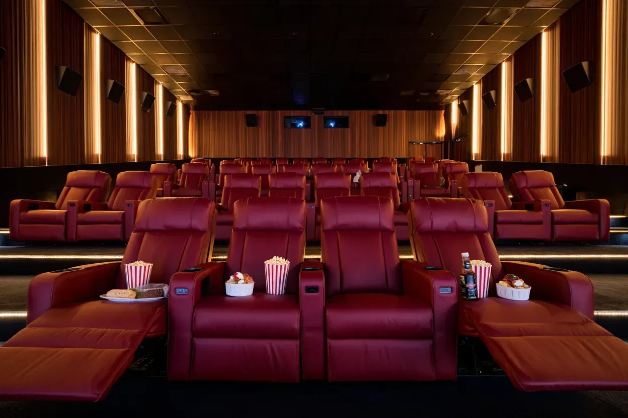 An empty luxury cinema with rows of plush red leather recliners, some with popcorn and drinks on the armrests.