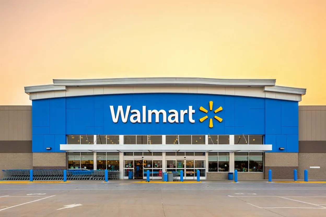 A Walmart storefront under a sunset sky, featuring the blue building facade, glass entrance doors, and shopping carts.