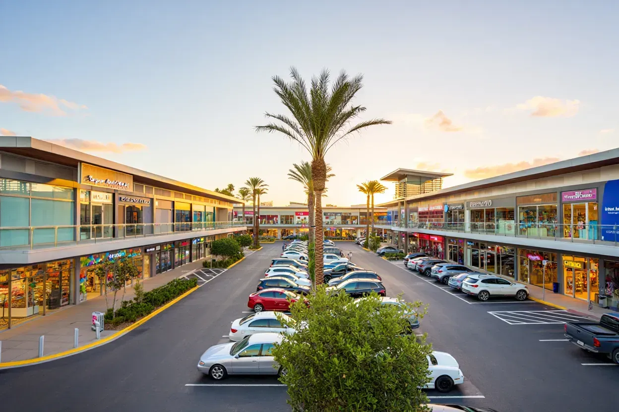 A multi-level outdoor shopping plaza with parked cars lining the parking lot, centered by a large palm tree at sunset.