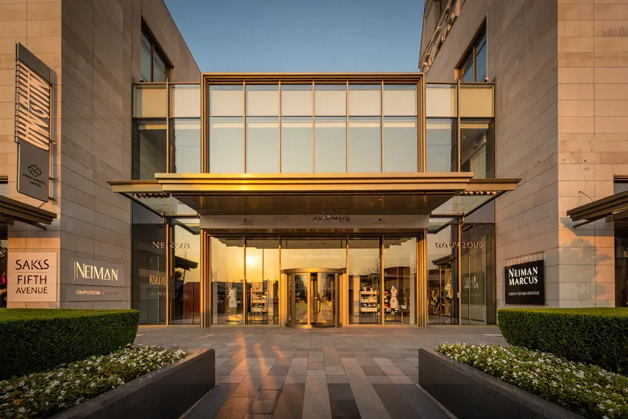 The main entrance of the NuHAA building, featuring a modern glass and stone facade, at sunset.