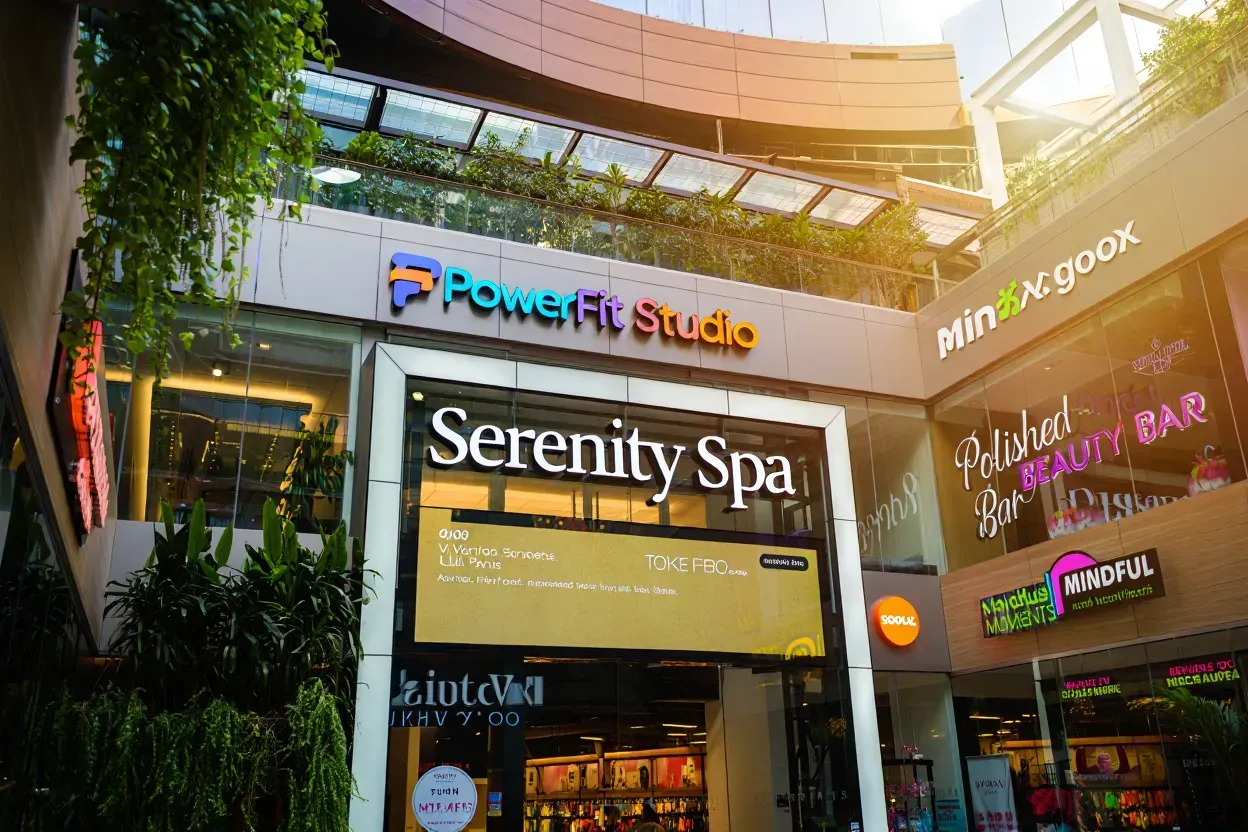 Outdoor storefronts in a multi-level complex featuring signs for PowerFit Studio, Serenity Spa, and a beauty bar.