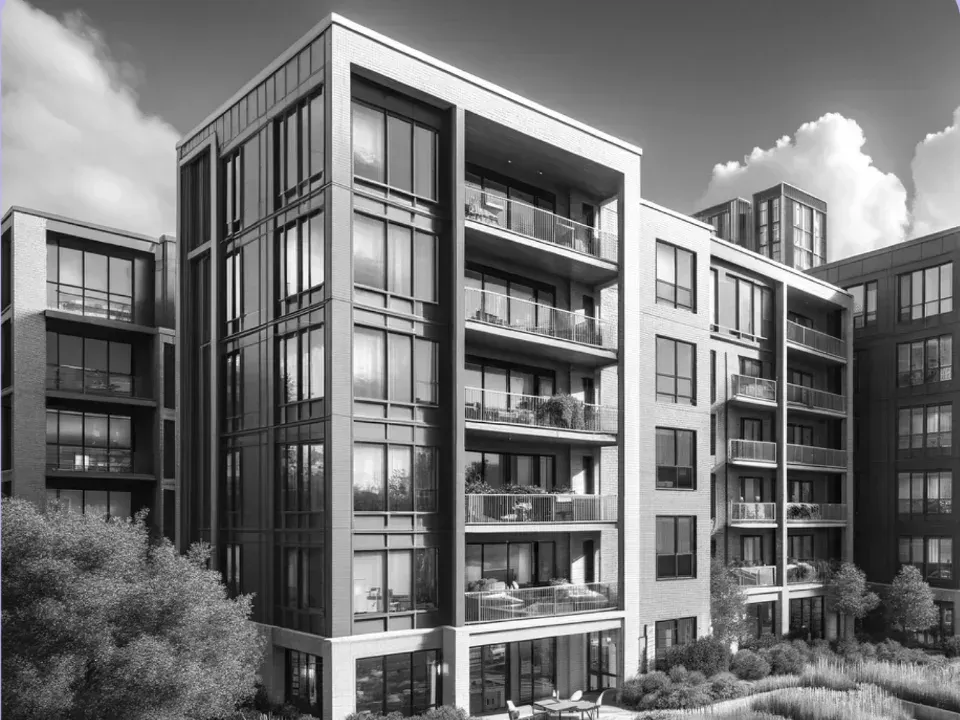 A multi-story modern residential apartment building with balconies, large windows, and landscaped grounds.