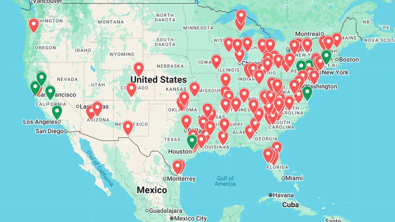 A map of the United States featuring numerous red and green location pins, highlighting a widespread geographical network.