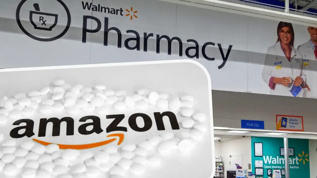 An Amazon logo superimposed over a pile of white pills, with a blurred Walmart Pharmacy sign in the background.